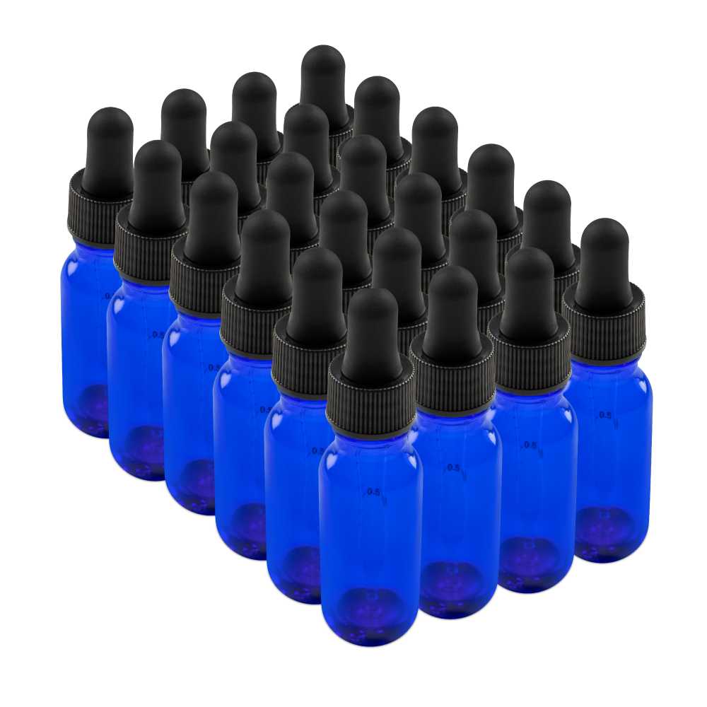 0.5 oz Blue Glass Boston Round Bottle With Black Dropper