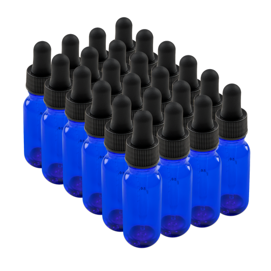 0.5 oz Blue Glass Boston Round Bottle With Black Dropper