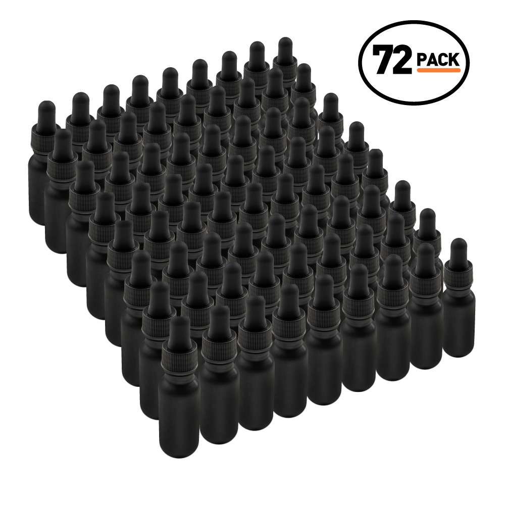 0.5 oz Black Frosted Glass Boston Round Bottle With Black Dropper (72 Pack)