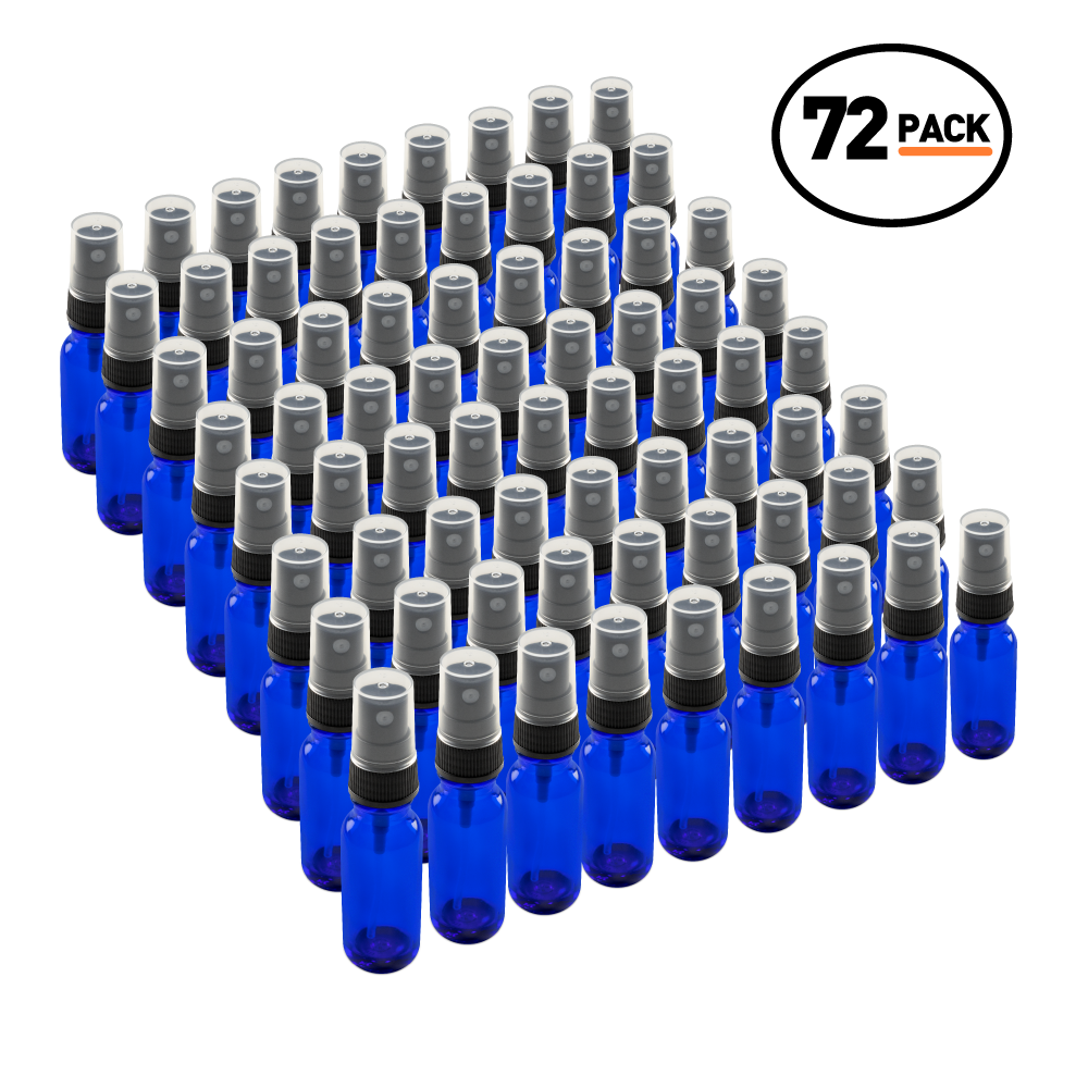 0.5 oz Blue Glass Boston Round Bottles With Black Fine Mist Sprayers (72 Pack)