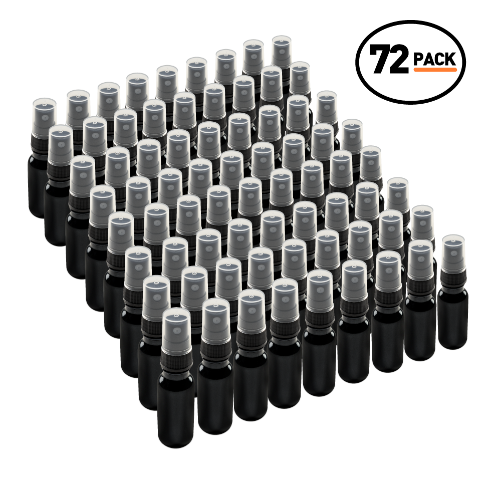 0.5 oz Black UV Glass Boston Round Bottles With Black Fine Mist Sprayers (72 pack)