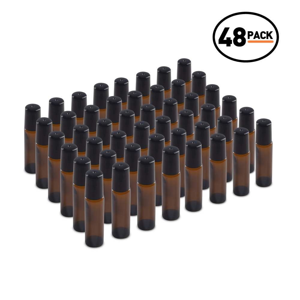 10 ml Amber Glass Roll On Bottle With SS Ball and Black PP Cap (48 Pack)