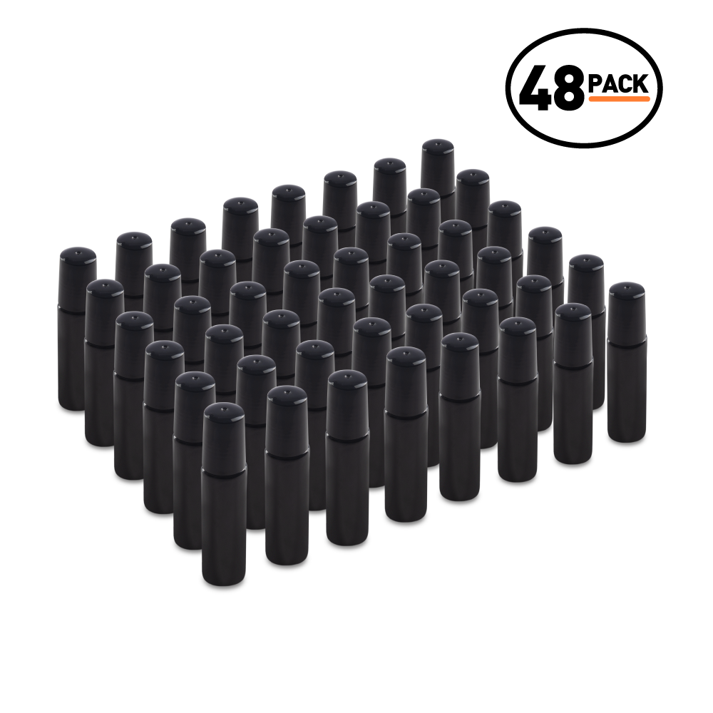 10 ml Black UV Glass Roll On Bottle With SS Ball and Black PP Cap (48 Pack)