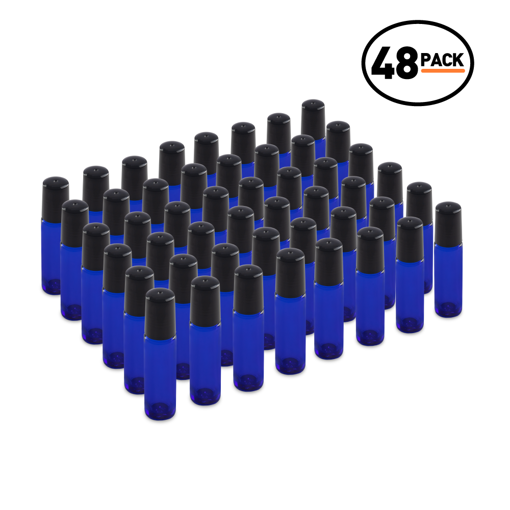 10 ml Blue Glass Roll On Bottle With SS Ball and Black PP Cap (48 Pack)