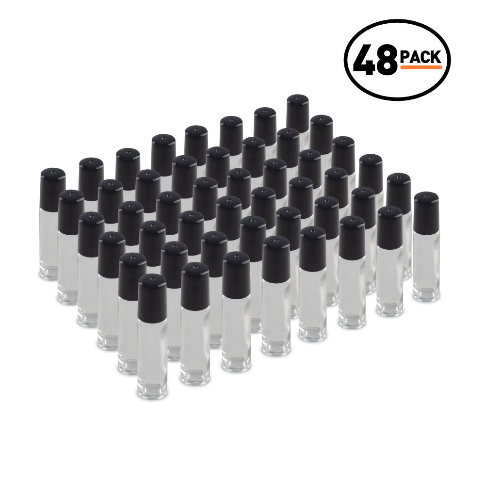 10 ml Clear Glass Roll On Bottle With SS Ball and Black PP Cap (48 Pack)