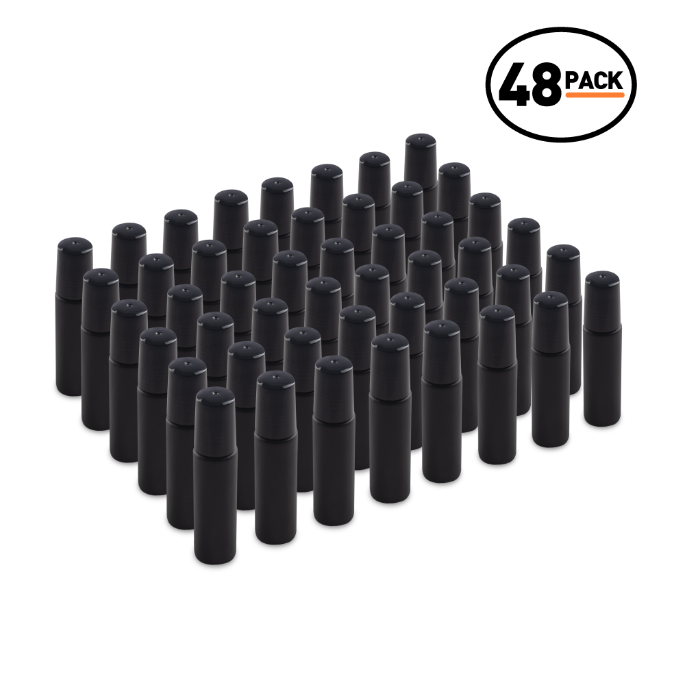 10 ml Black Frosted Glass Roll On Bottle With SS Ball and Black PP Cap (48 Pack)