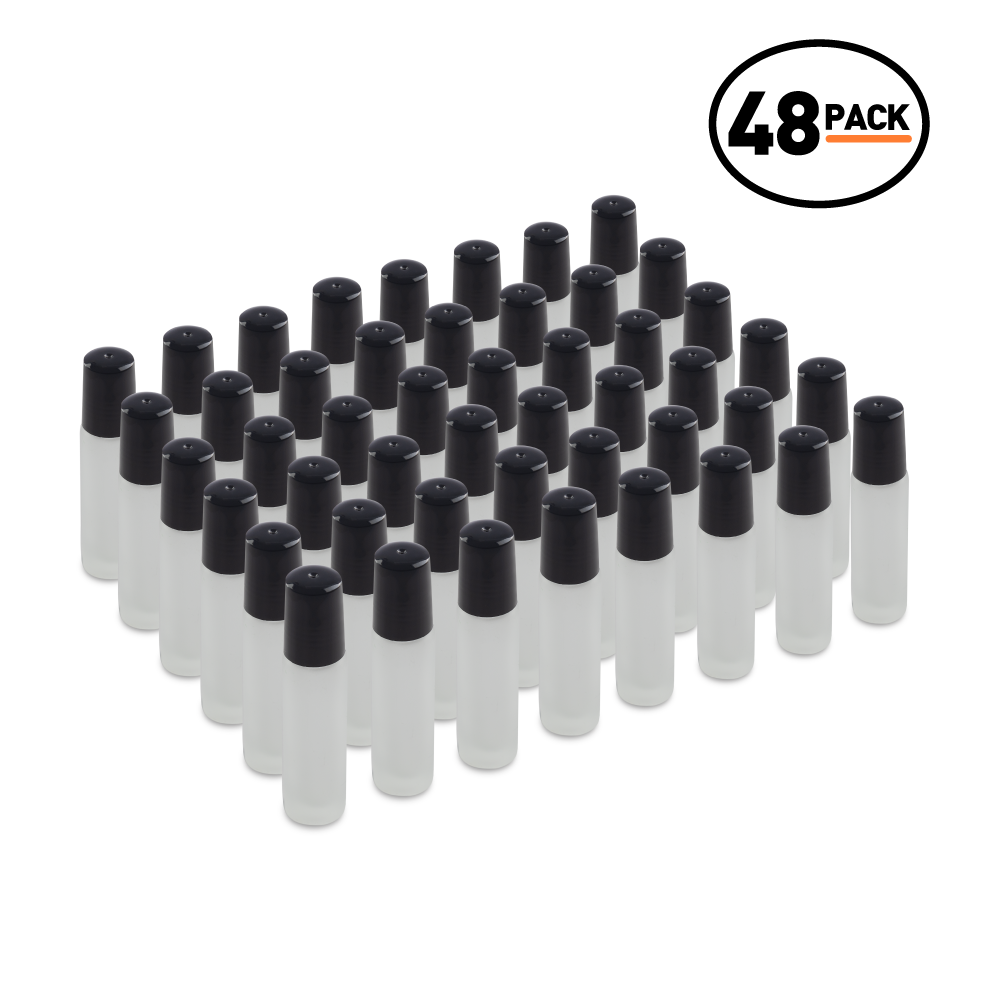 10 ml Clear Frosted Glass Roll On Bottle With SS Ball and Black PP Cap (48 Pack)