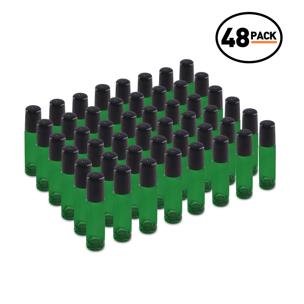 10 ml Green Glass Roll On Bottle With SS Ball and Black PP Cap (48 Pack)