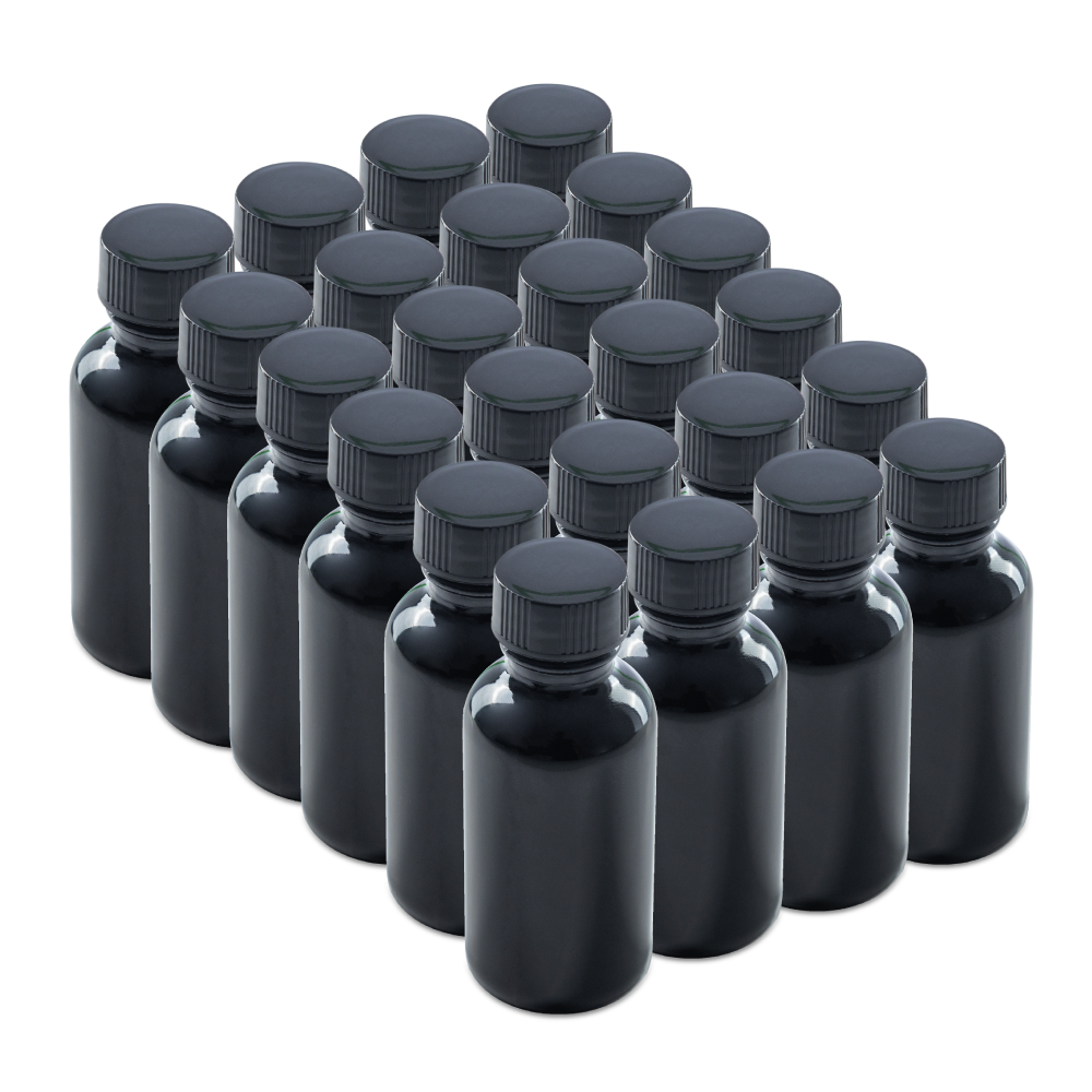 1 oz Black UV Glass Boston Round Bottles With Black Lids