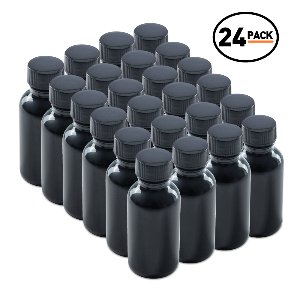 1 oz Black UV Glass Boston Round Bottles With Black Lids (24 Pack)