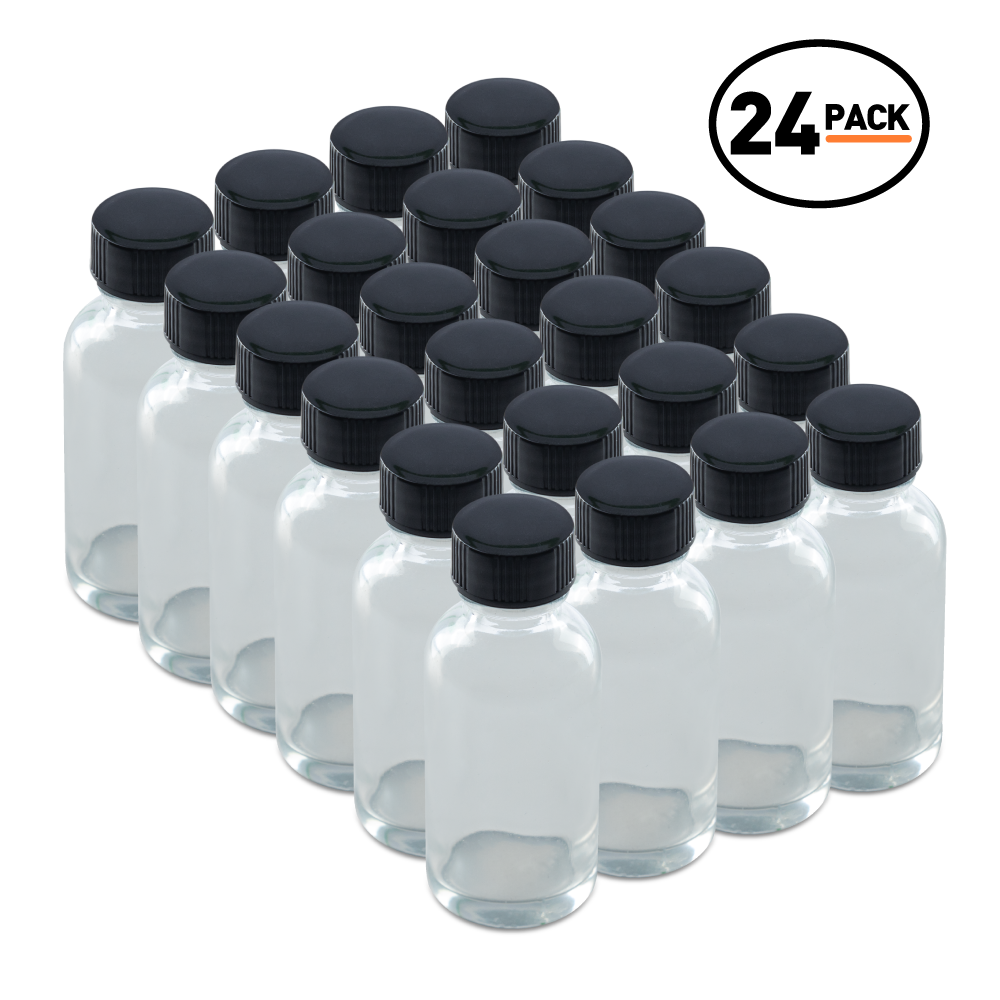 1 oz Clear Glass Boston Round Bottles With Black Lids (24 Pack)