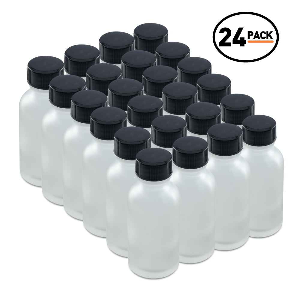 1 oz Clear Frosted Glass Boston Round Bottles With Black Lids (24 Pack)