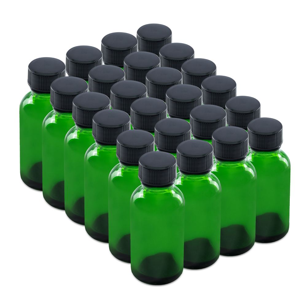 1 oz Green Glass Boston Round Bottles With Black Lids