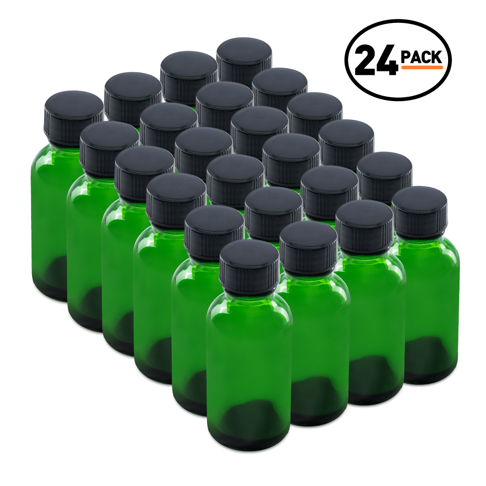 1 oz Green Glass Boston Round Bottles With Black Lids (24 Pack)