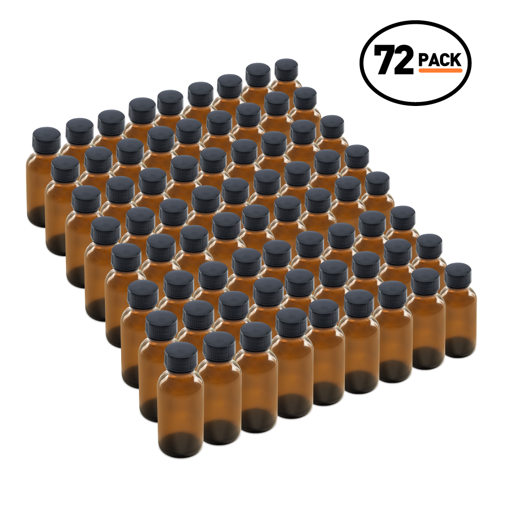 1 oz Amber Glass Boston Round Bottles With Black Lids (72 Pack)
