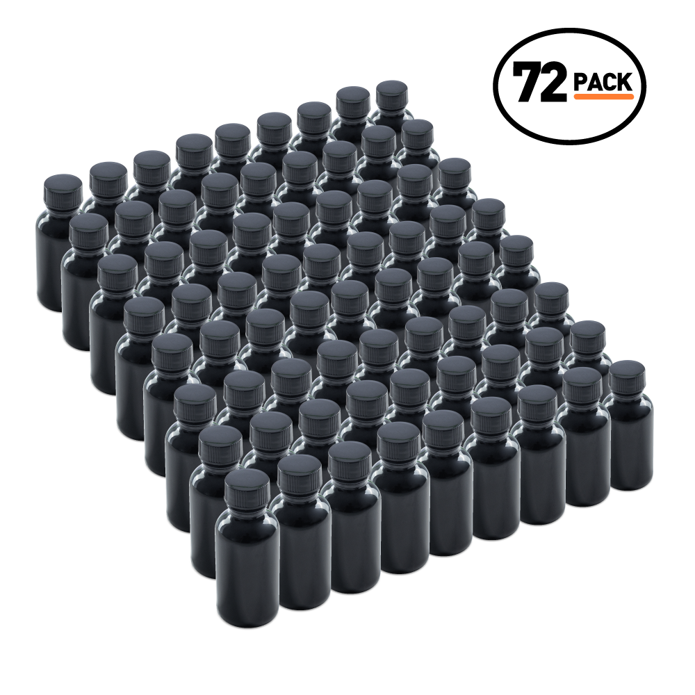 1 oz Black UV Glass Boston Round Bottles With Black Lids (72 Pack)