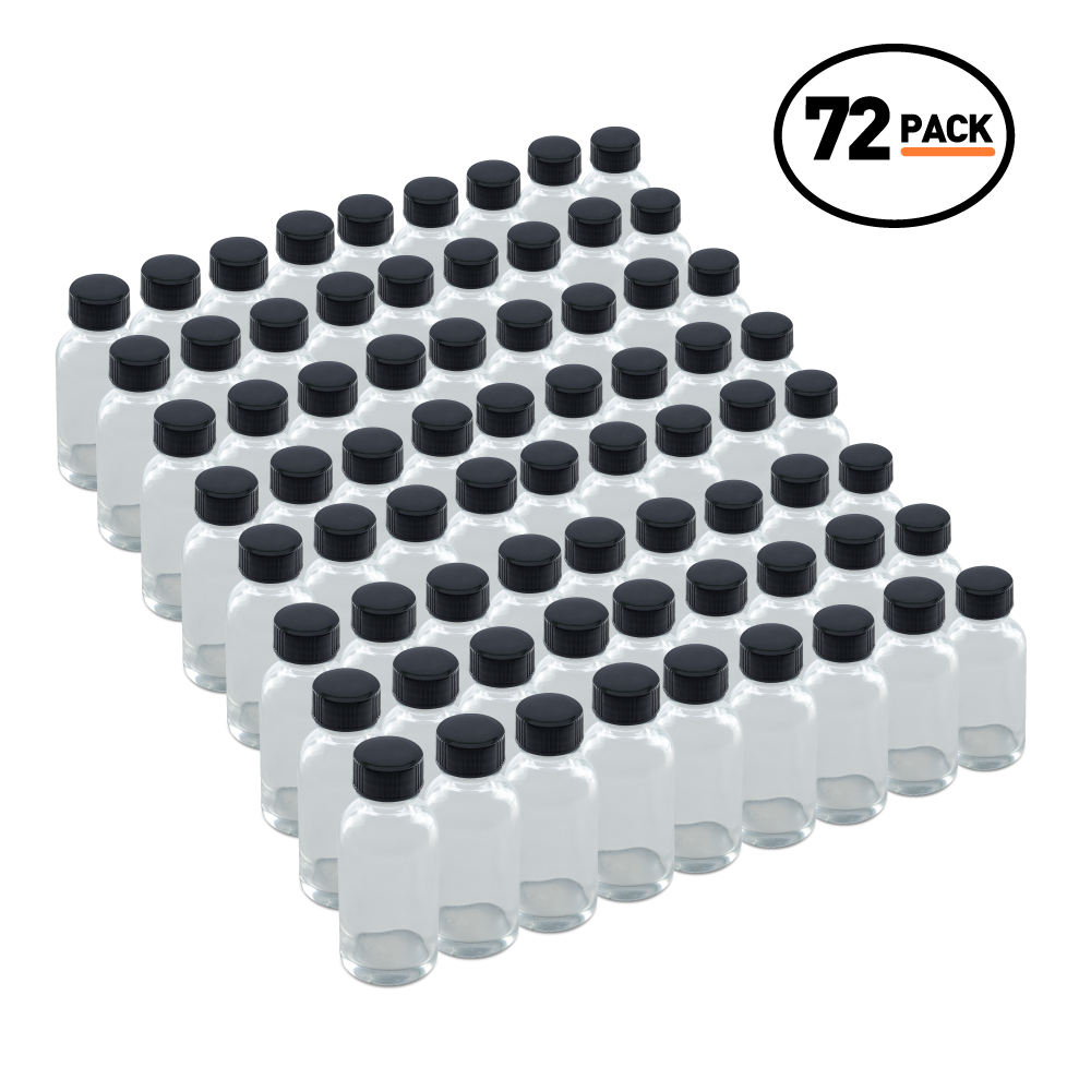 1 oz Clear Glass Boston Round Bottles With Black Lids (72 Pack)