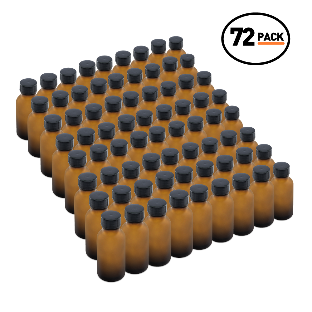 1 oz Amber Frosted Glass Boston Round Bottles With Black Lids (72 Pack)