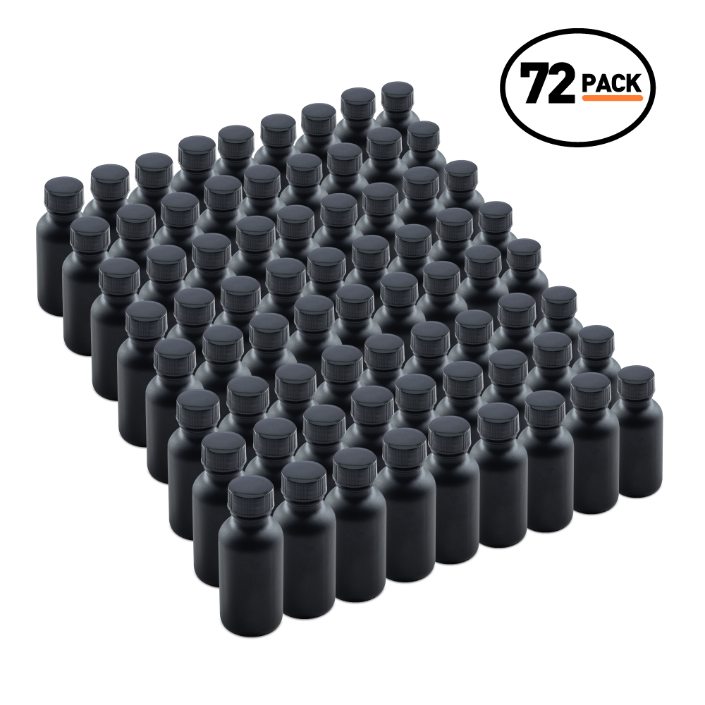 1 oz Black Frosted Glass Boston Round Bottles With Black Lids (72 Pack)