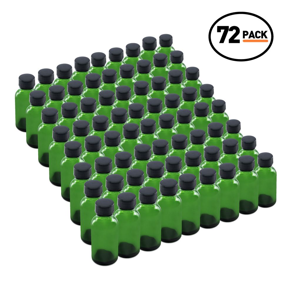 1 oz Green Glass Boston Round Bottles With Black Lids (72 Pack)