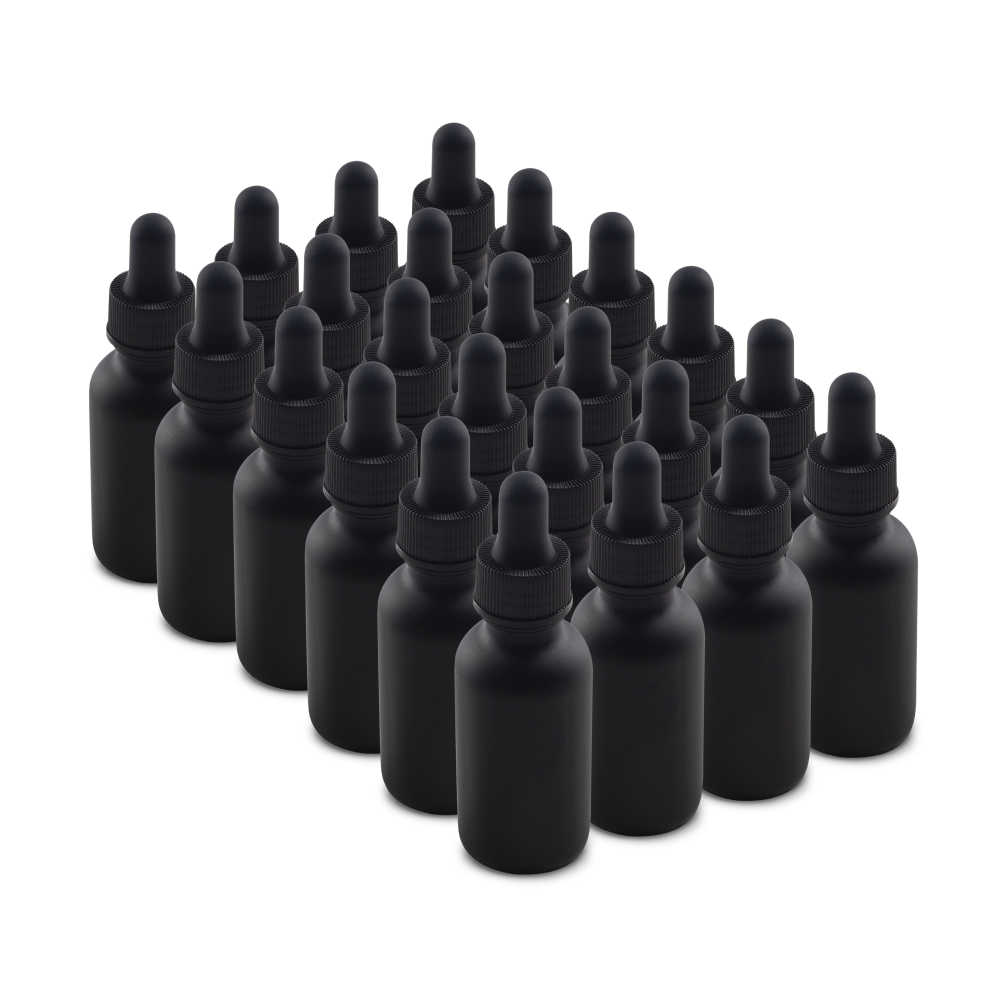 1 oz Black Frosted Glass Boston Round Bottle With Black Dropper