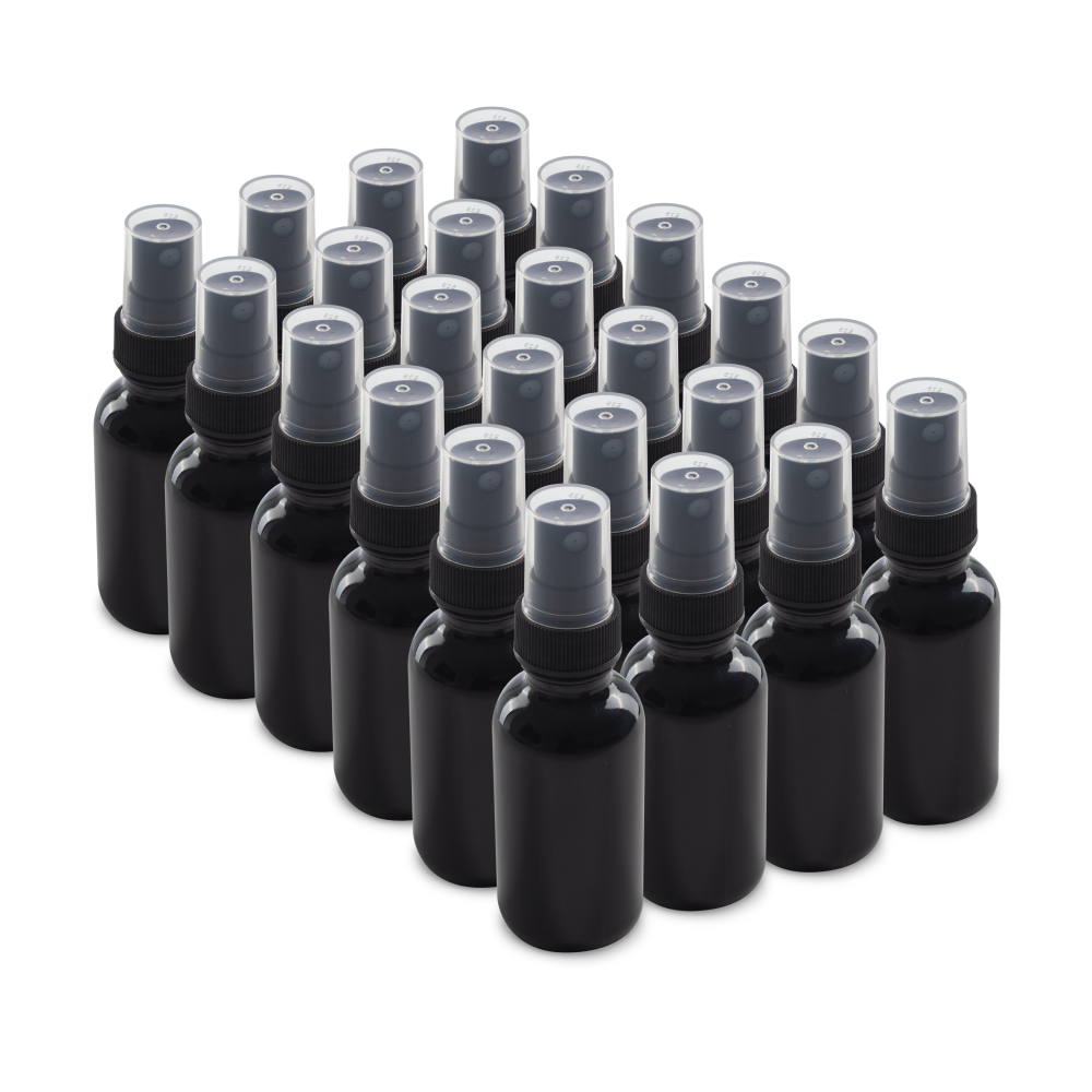 1 oz Black UV Glass Boston Round Bottles With Black Fine Mist Sprayers