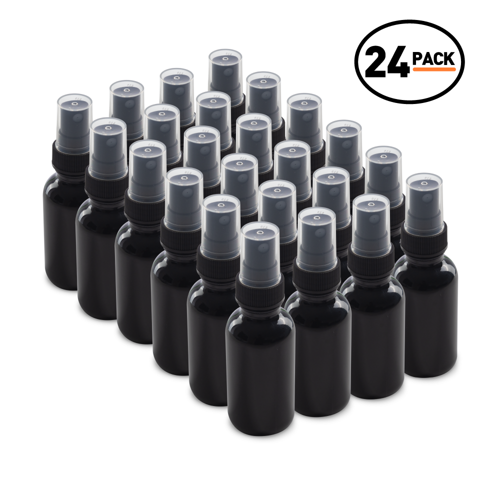 1 oz Black UV Glass Boston Round Bottles With Black Fine Mist Sprayers (24 pack)