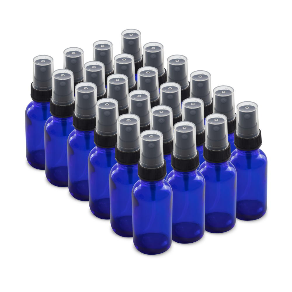 1 oz Blue Glass Boston Round Bottles With Black Fine Mist Sprayers