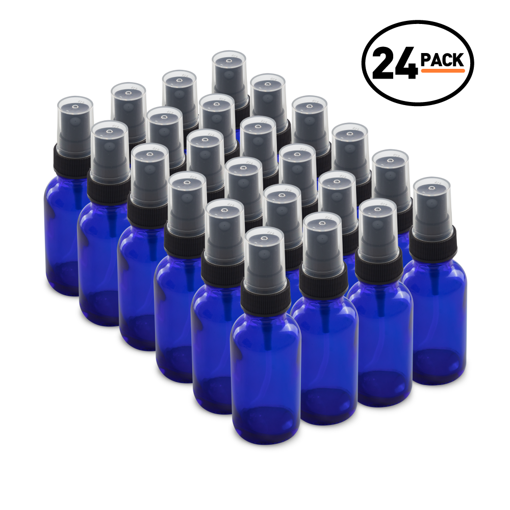 1 oz Blue Glass Boston Round Bottles With Black Fine Mist Sprayers (24 Pack)