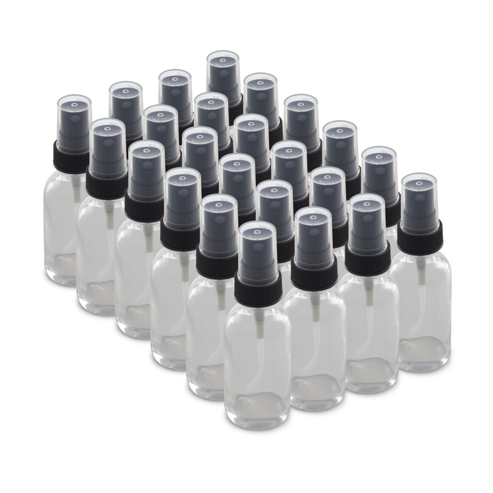 1 oz Clear Glass Boston Round Bottles With Black Fine Mist Sprayers