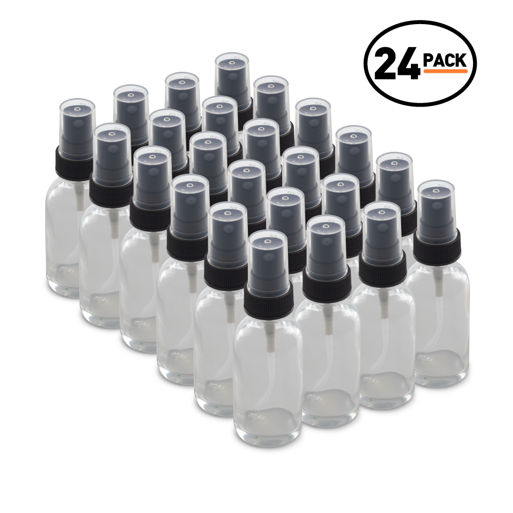 1 oz Clear Glass Boston Round Bottles With Black Fine Mist Sprayers (24 Pack)