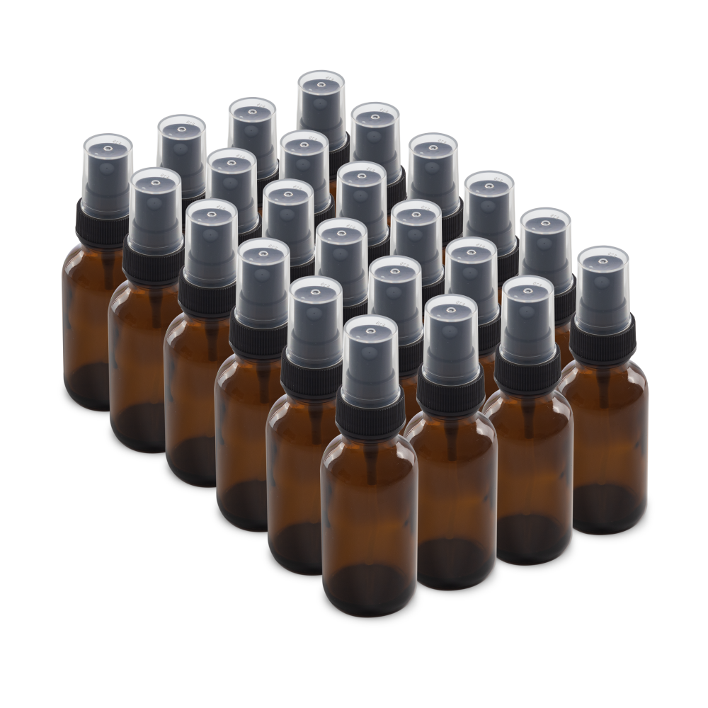 1 oz Amber Glass Boston Round Bottles With Black Fine Mist Sprayers