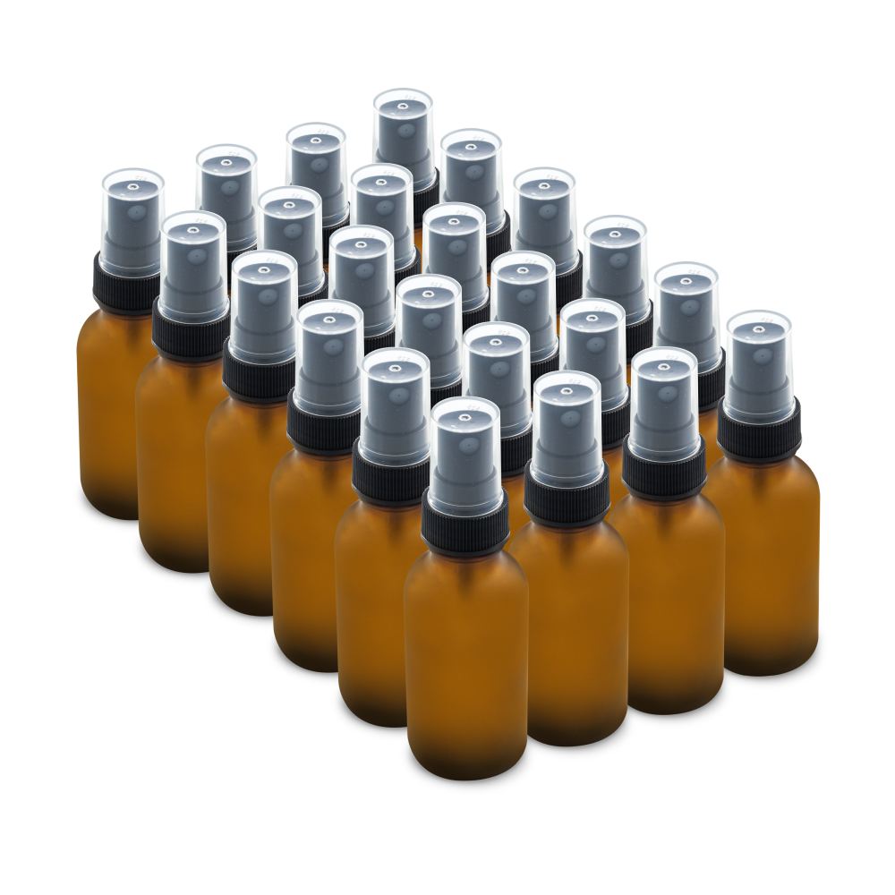 1 oz Amber Frosted Glass Boston Round Bottles With Black Fine Mist Sprayers