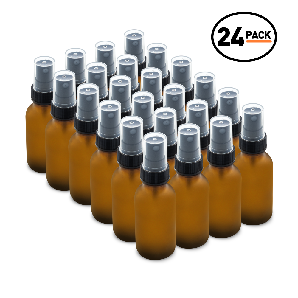 1 oz Amber Frosted Glass Boston Round Bottles With Black Fine Mist Sprayers (24 Pack)