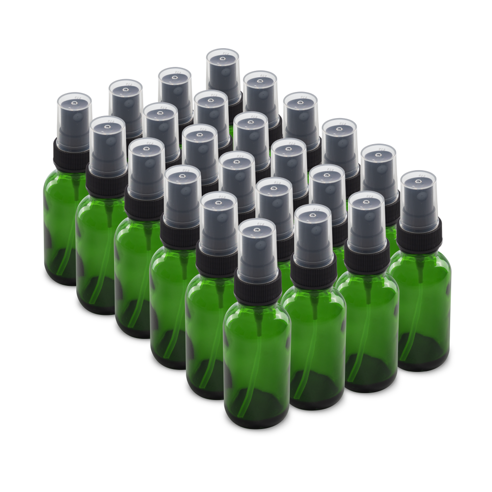 1 oz Green Glass Boston Round Bottles With Black Fine Mist Sprayers