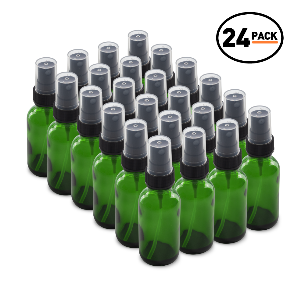 1 oz Green Glass Boston Round Bottles With Black Fine Mist Sprayers (24 pack)