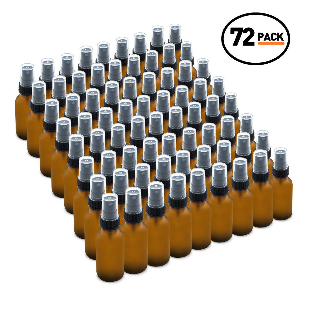 1 oz Amber Frosted Glass Boston Round Bottles With Black Fine Mist Sprayers (72 Pack)