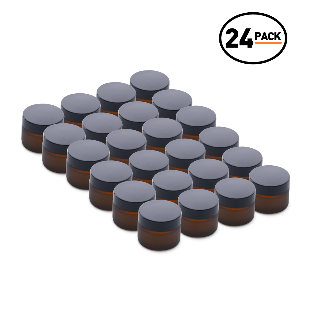 2 oz Amber Frosted Glass Jars With Black Lids (24 Pack)