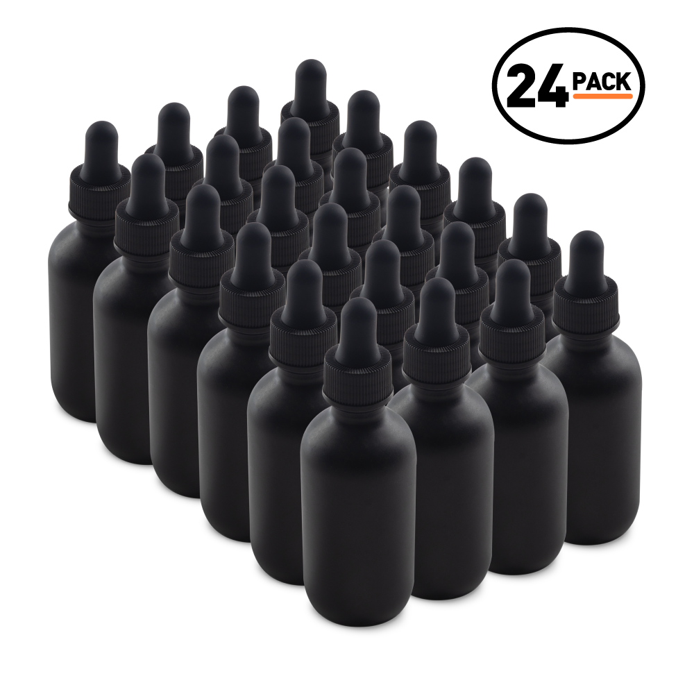 2 oz Black Frosted Boston Round Glass Bottle With Black Dropper (24 Pack)