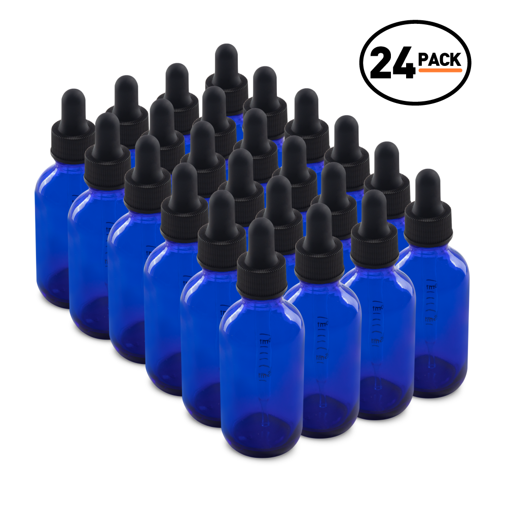 2 oz Blue Boston Round Glass Bottle With Black Dropper (24 Pack)