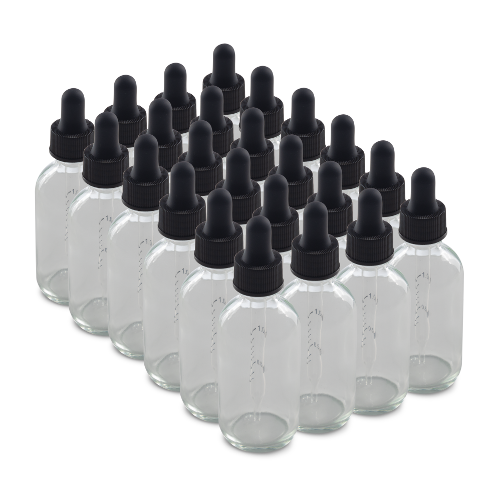 2 oz Clear Boston Round Glass Bottle With Black Dropper