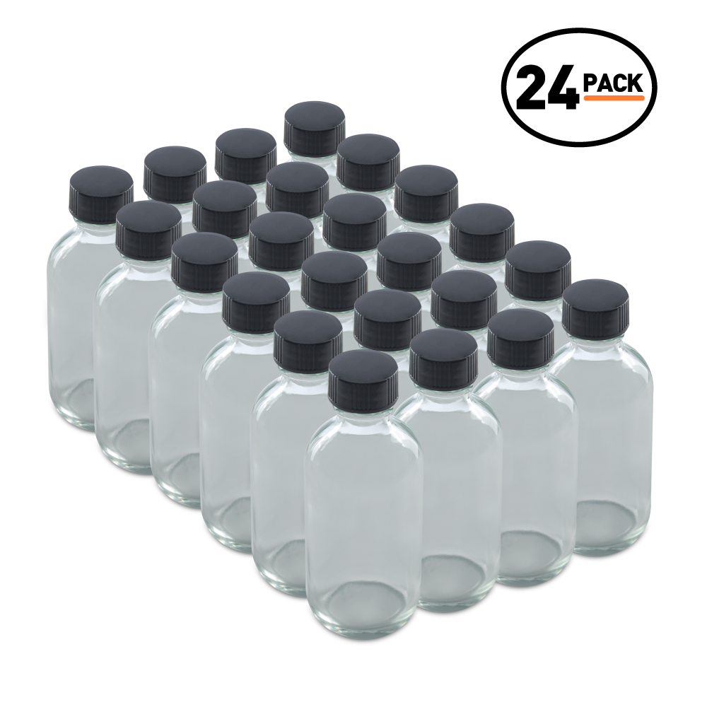 2 oz Clear Glass Boston Round Bottles With Black Lids (24 Pack)