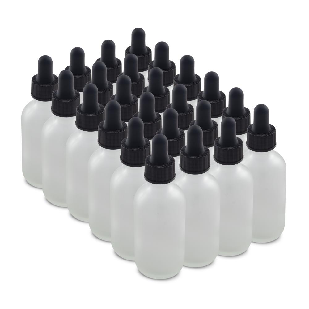 2 oz Clear Frosted Boston Round Glass Bottle With Black Dropper