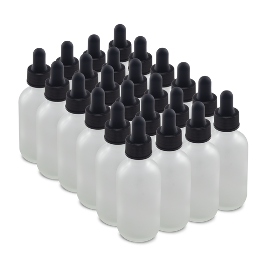 2 oz Clear Frosted Boston Round Glass Bottle With Black Dropper
