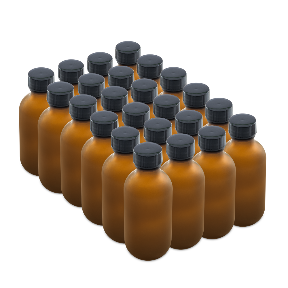2 oz Amber Frosted Glass Boston Round Bottles With Black Lids