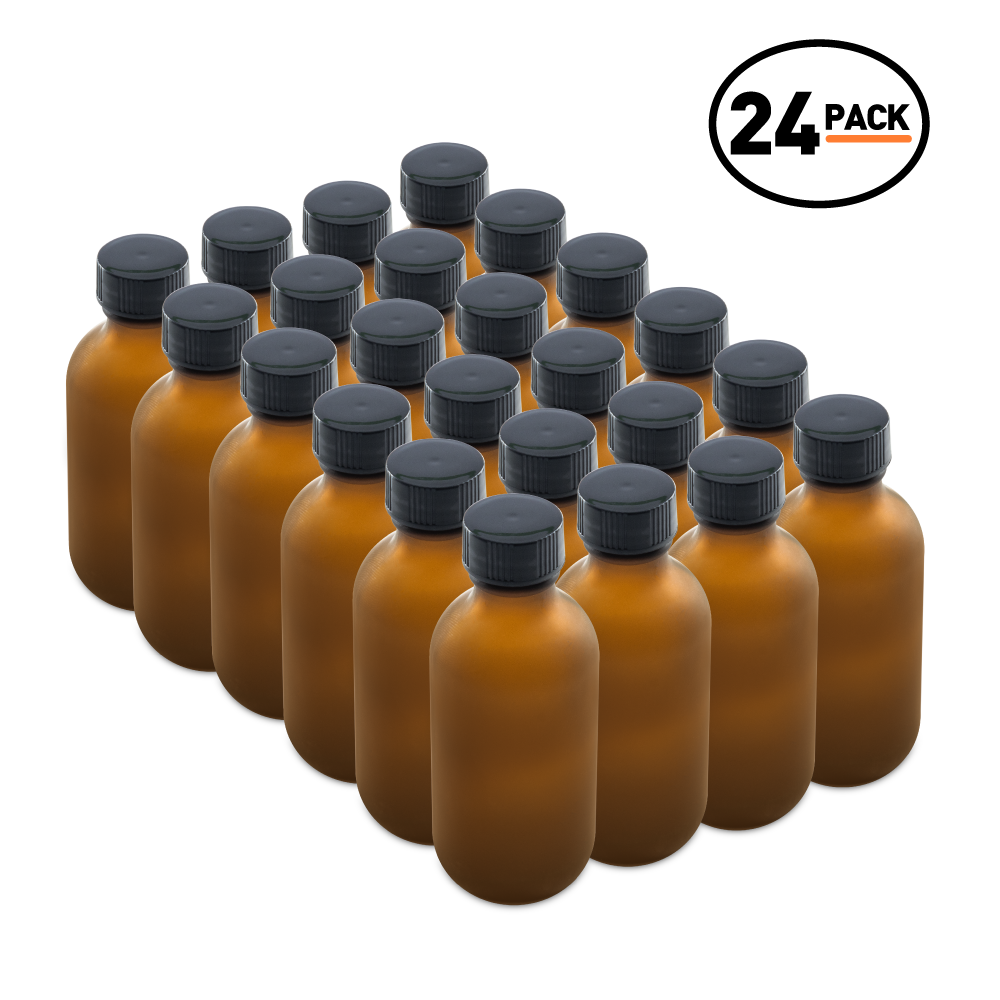 2 oz Amber Frosted Glass Boston Round Bottles With Black Lids (24 Pack)