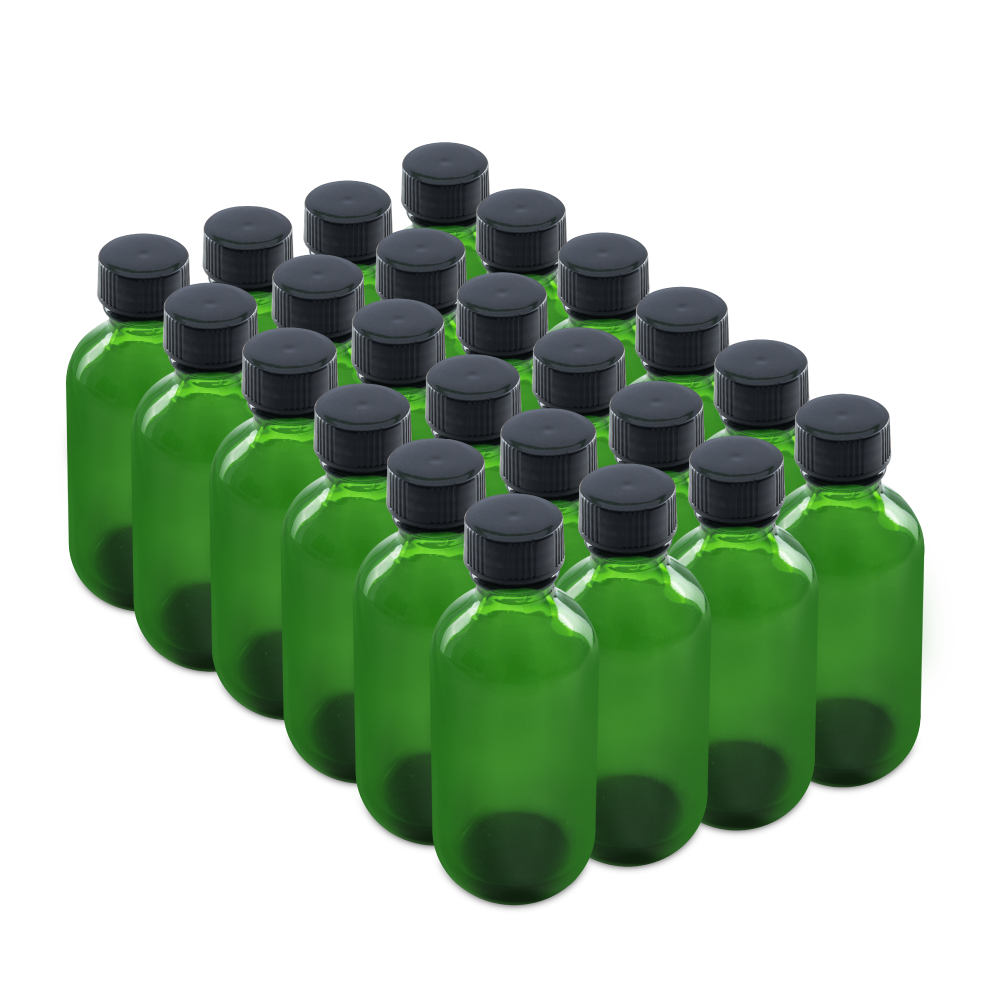 2 oz Green Glass Boston Round Bottles With Black Lids