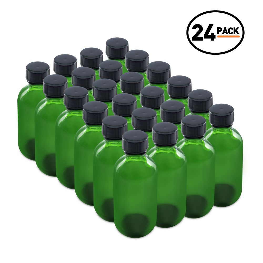 2 oz Green Glass Boston Round Bottles With Black Lids (24 Pack)