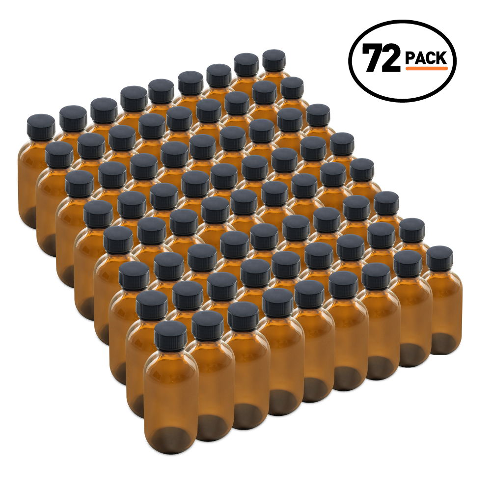 2 oz Amber Glass Boston Round Bottles With Black Lids (72 Pack)