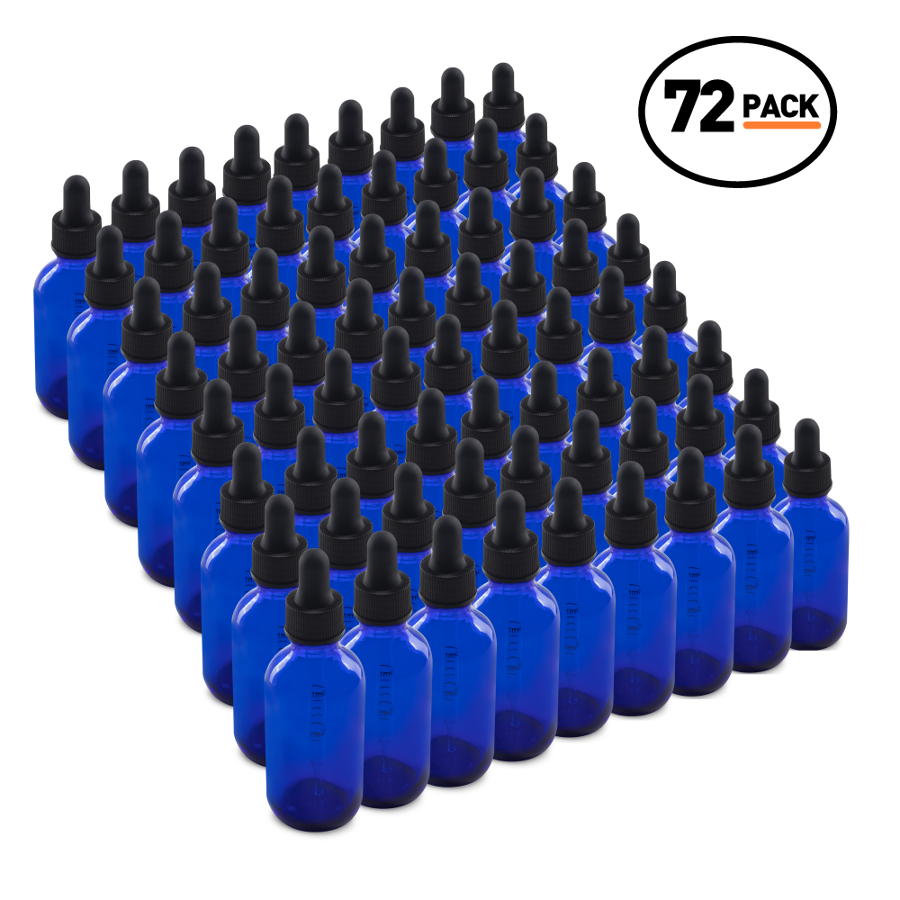 2 oz Blue Boston Round Glass Bottle With Black Dropper (72 Pack)